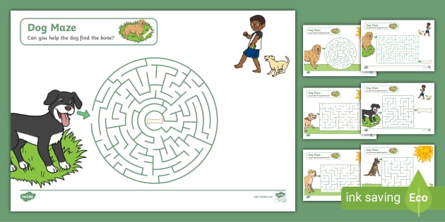 Dog or Puppy Pet Animal Mazes with Answers - Dog's Bone Maze Clip Art