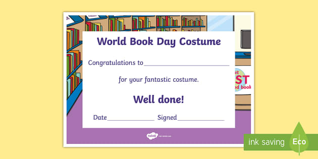 World Book Day Best Costume Certificate - Twinkl