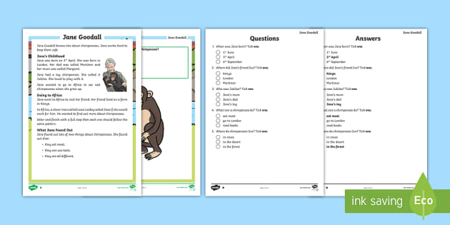 KS1 Jane Goodall Differentiated Reading Comprehension Activity