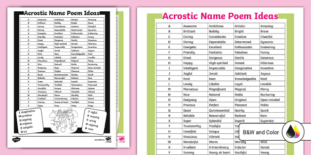Word List For Acrostic Name Poems (Teacher Made) - Twinkl