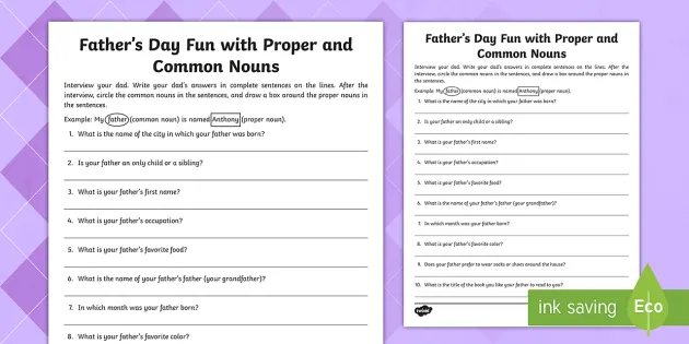 father s day common and proper nouns worksheet twinkl