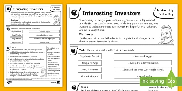 Interesting Inventors Worksheet (teacher made) - Twinkl