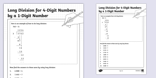 Long Division for 4-Digit Numbers by a 1-Digit Number - Activity Sheet