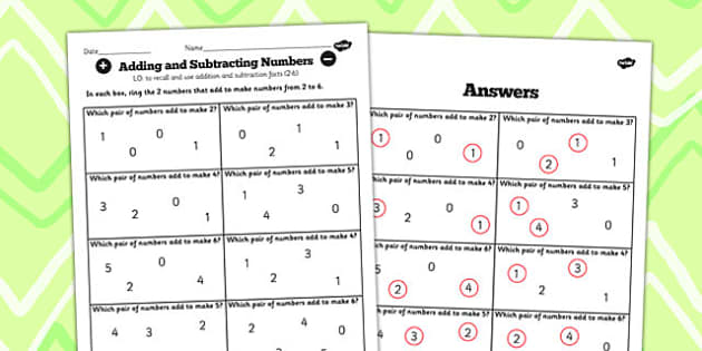 Number Facts Finding Pairs Worksheet 2-6 (teacher made)