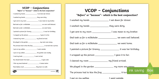 before and because conjunctions worksheet worksheet