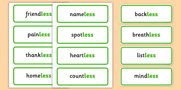 Suffix less Word Cards Teaching Resources Twinkl