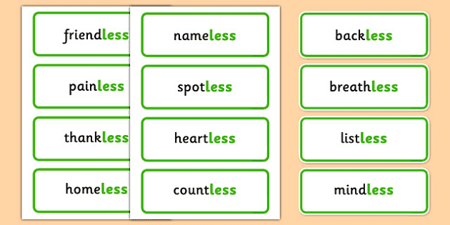 Suffix -less Word Cards - Teaching Resources (teacher made)