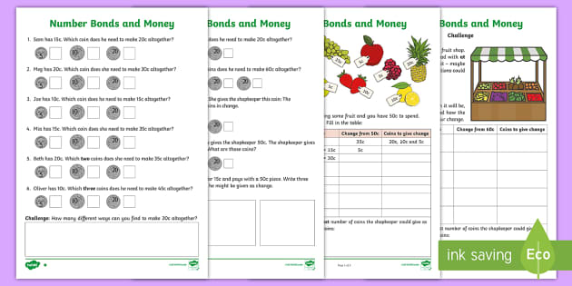 australia year 2 maths number bonds and money homework worksheet