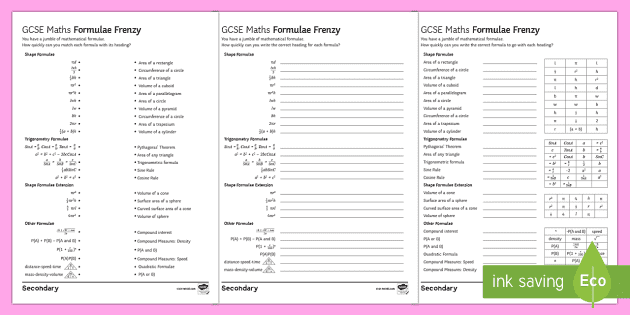 Gcse Maths Formulae Frenzy Differentiated Worksheet Worksheet Pack