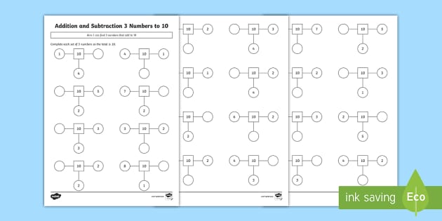 Addition and Subtraction 3 Numbers to 10 Worksheet / Worksheet