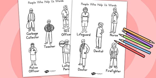 Download FREE! - People Who Help Us Words Colouring In (teacher made)