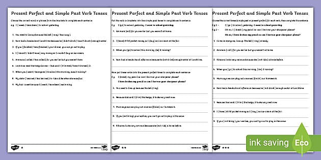the past and present perfect form of verbs worksheets