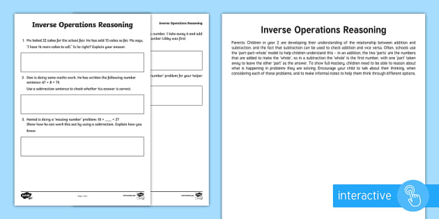 Year 2 Inverse Operations Worksheet - Maths Homework Tasks