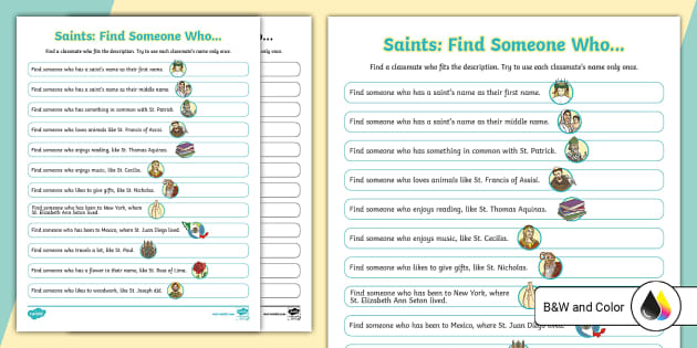 Saints: Find Someone WhoClass Hunt Activity - Twinkl
