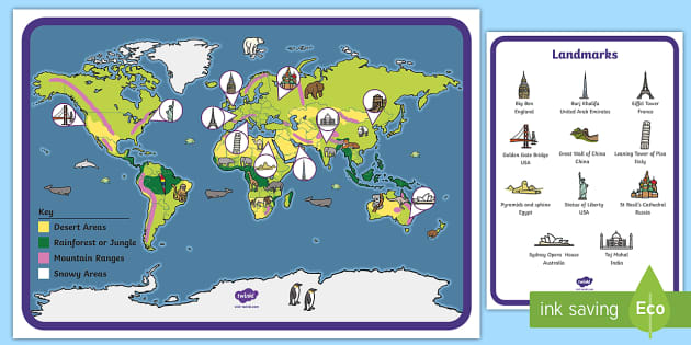 Printable World Map Poster with Landmarks  Resources