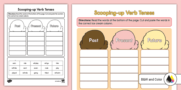 First Grade Scooping-up Verb Tenses Cut and Paste Activity