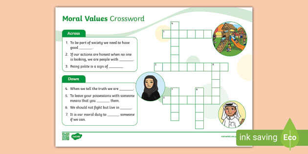 Moral Values Crossword (teacher made)