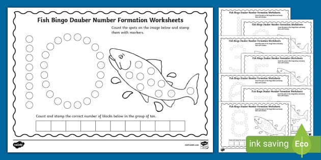 Free fish bingo dauber number formation worksheets