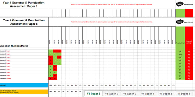 Year 4 English Grammar and Punctuation Assessment Spreadsheet