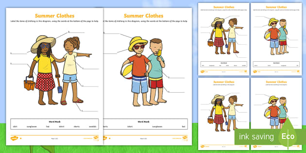 Summer Clothes Labeling Differentiated Worksheet / Worksheets