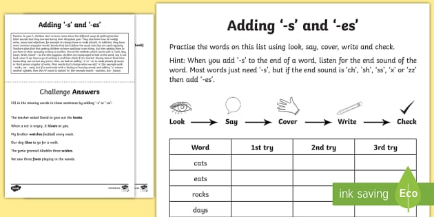 Year 1 Spelling Practice Adding The Suffixes S And Es