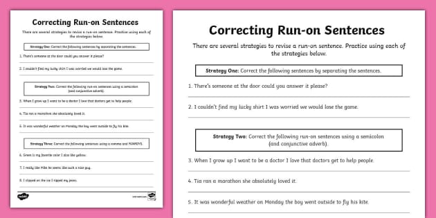 Correcting Run-On Sentences Worksheets