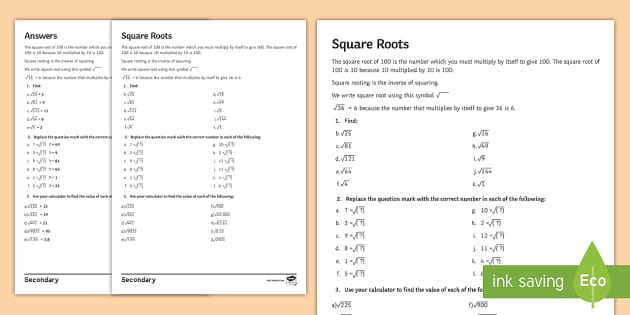 Square Roots Worksheet Teacher Made