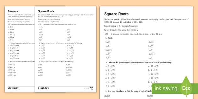 Square Roots Worksheet Beyond Secondary Resources