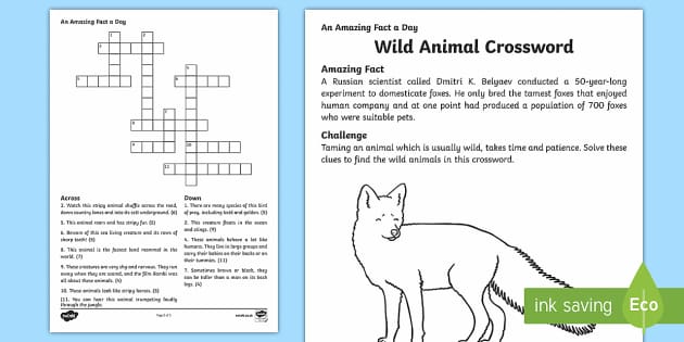 Animals Crossword Quiz Primary Wildlife Nature Resource