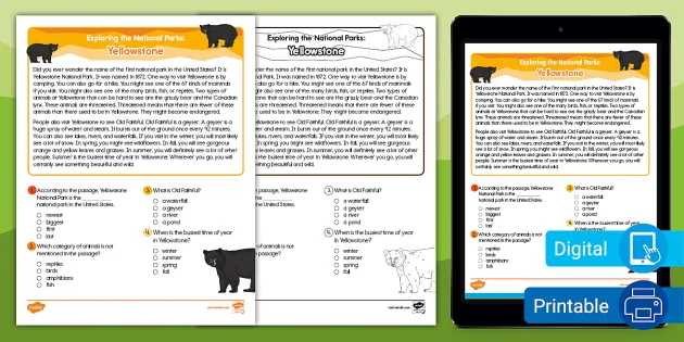 second grade exploring the national parks yellowstone reading comprehension