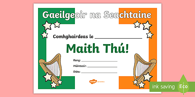 Gaeilgeoir na Seachtaine Award Certificate | Primary School