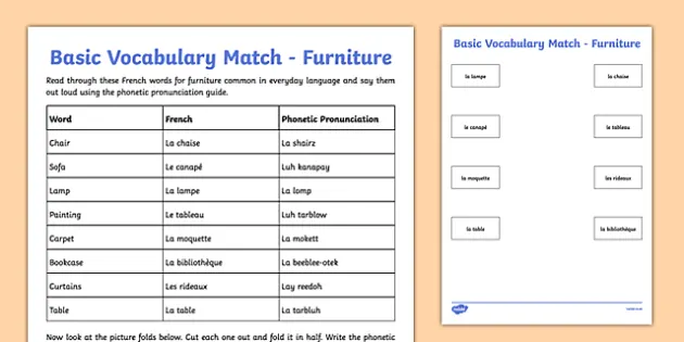 French Basic Voary Match Furniture, List Of Furniture In French And English