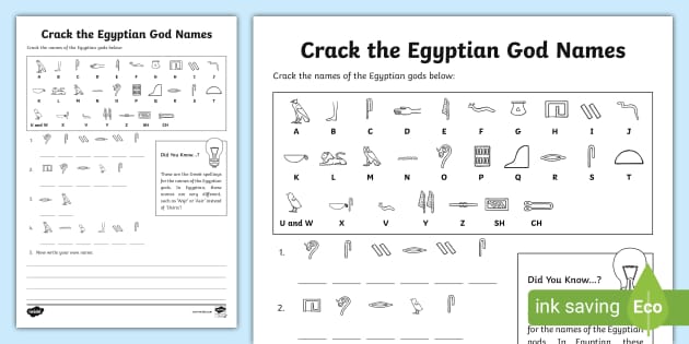 Crack the Hieroglyphs Egyptian God Names Worksheet