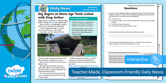 Dig at Arthur's Stone - Daily NewsRoom Story (ages 7-9)