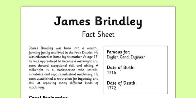 James Brindley Fact Sheet (teacher Made) - Twinkl