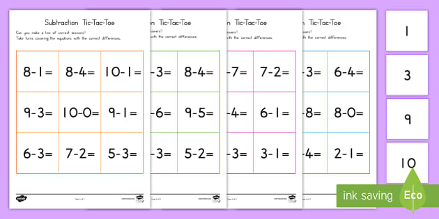 Subtraction Tic-Tac-Toe To Ten Math Game: Pre-K - 1St Grade