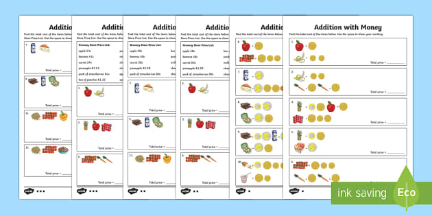 euros addition with money worksheet worksheet