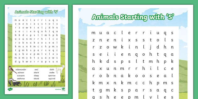 Animals Starting with Letter 'S' Word Search (teacher made)