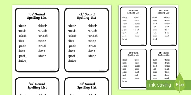 'ck' Sound Spelling List  Cards