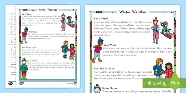 Second Grade Winter Weather Reading Comprehension Activity 2 Second Grade Winter Weather Reading Comprehension Activity 2