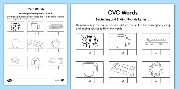 cvc words beginning and ending sounds letter u worksheet