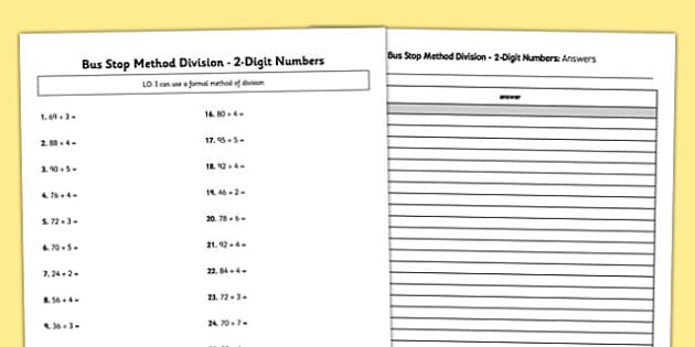 bus stop method formal division of 2 digit numbers activity