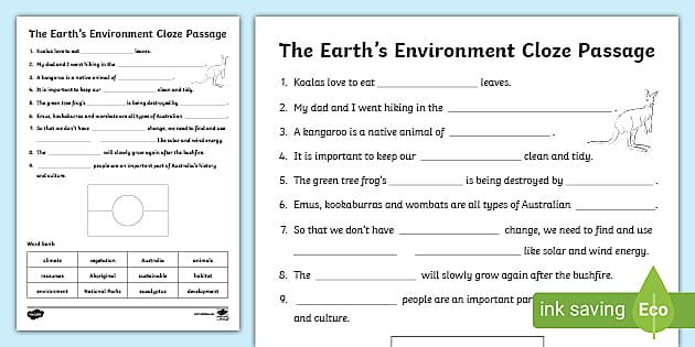 The Earth s Environment Cloze Passage Worksheet Worksheet