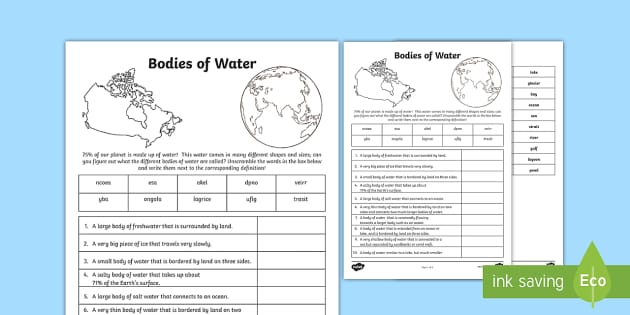 Bodies of Water Worksheet / Worksheet (Teacher-Made)
