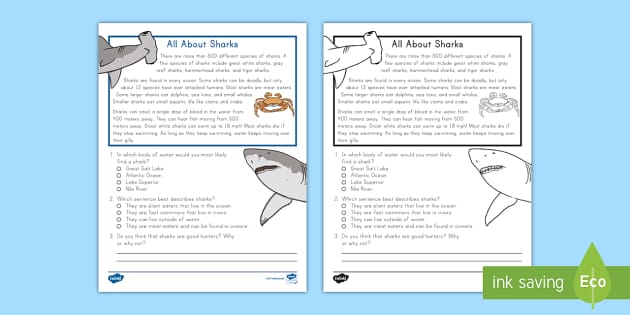 second grade all about sharks reading passage comprehension activity