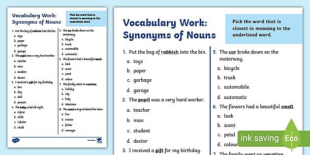 Synonyms Worksheets Nouns, Verbs, Adjectives Synonym