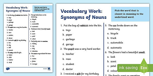 Synonyms of Nouns Vocabulary Worksheet teacher made