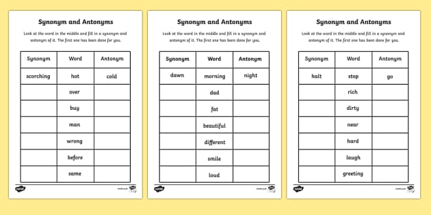 Worksheet on Antonyms and Synonyms for Class 2 and Class 3