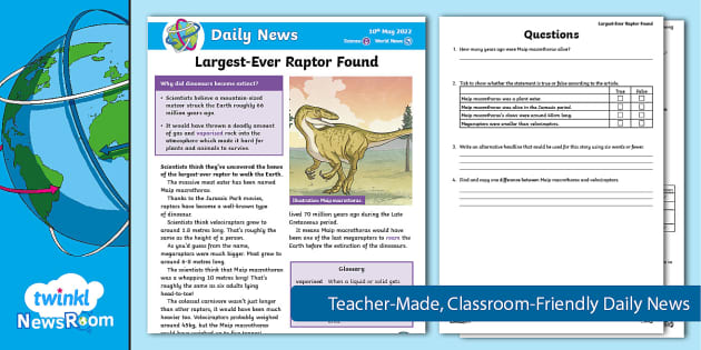 Daily NewsRoom Story - Largest-Ever Raptor Found (ages 7-9)