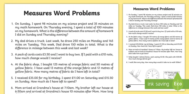 Teacher Made Math Center Resource Measurement Word Problems Converting Units 